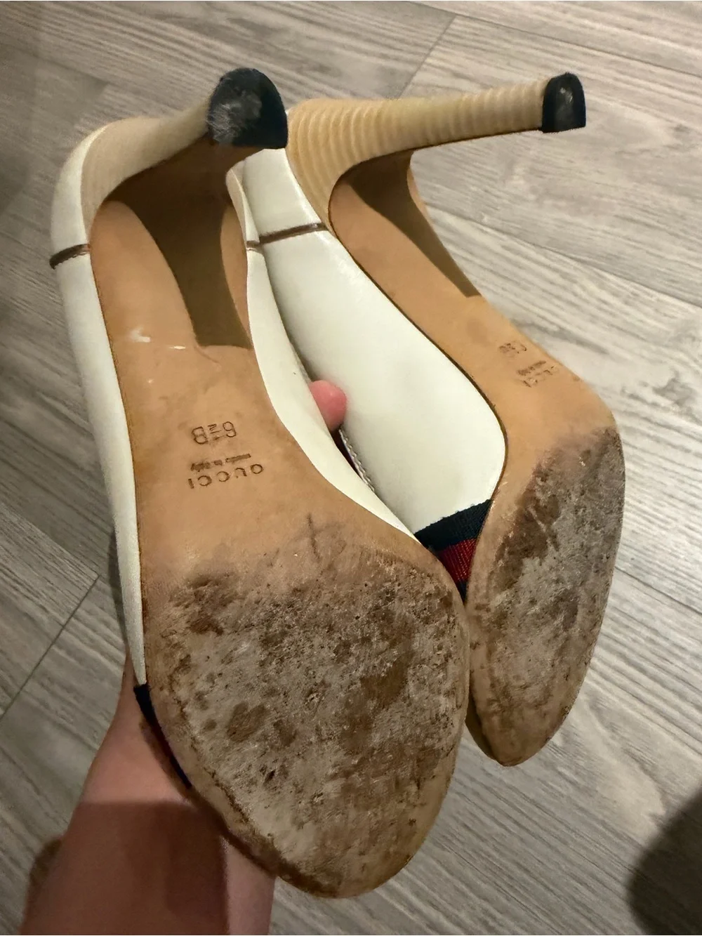 Gucci Cream Leather Loafers with Red Strap Detail